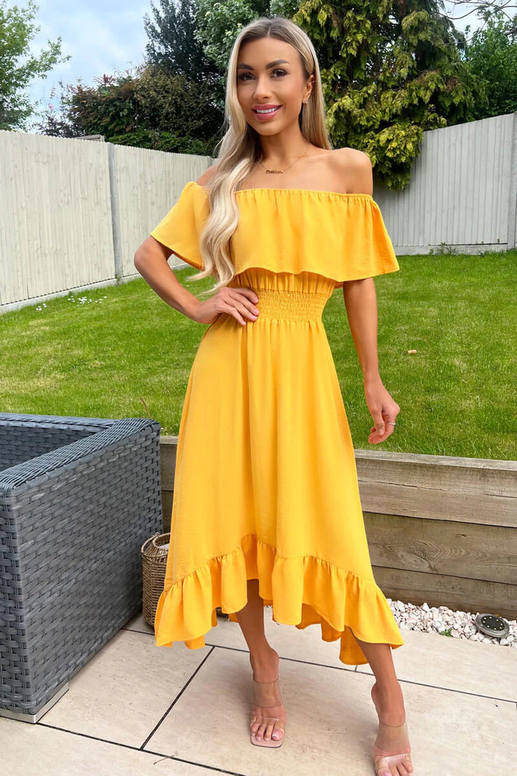 Ola Yellow Bardot Style Midi Dress