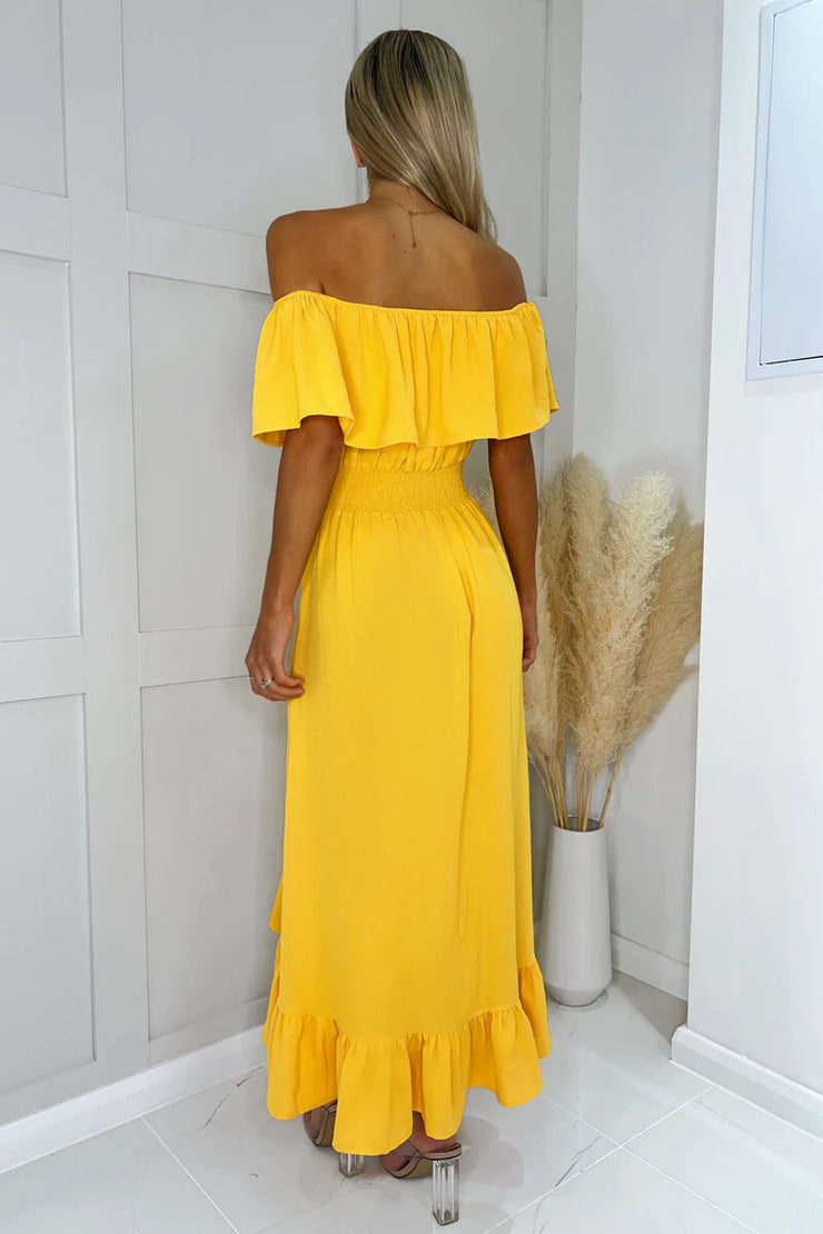 Ola Yellow Bardot Style Midi Dress
