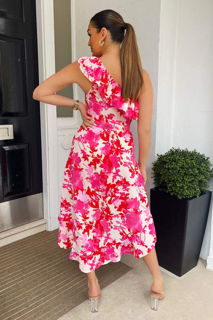 Annie Pink Floral One Shoulder Dipped Hem Dress Koko Rose Boutique