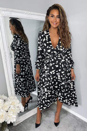 Jolena Black and White Wrap Style Midi Dress