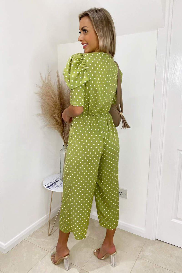 Terri Olive Green Polka Dot Puff Sleeve Jumpsuit