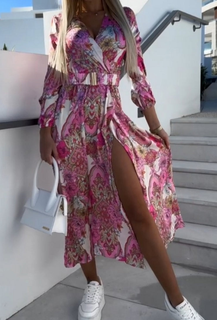 Darcie Pink Multi Print Belted Maxi Dress