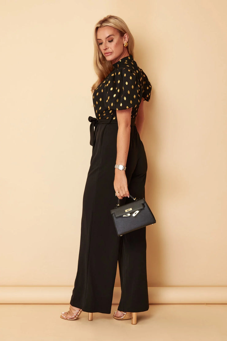 Pippa Black and Gold Foil Belted Jumpsuit