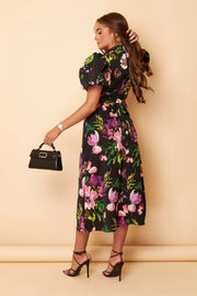 Lilly Black Floral Print Puff Sleeve Midi Dress