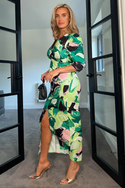 Donna Green and Pink Floral Twist Front Midi Dress