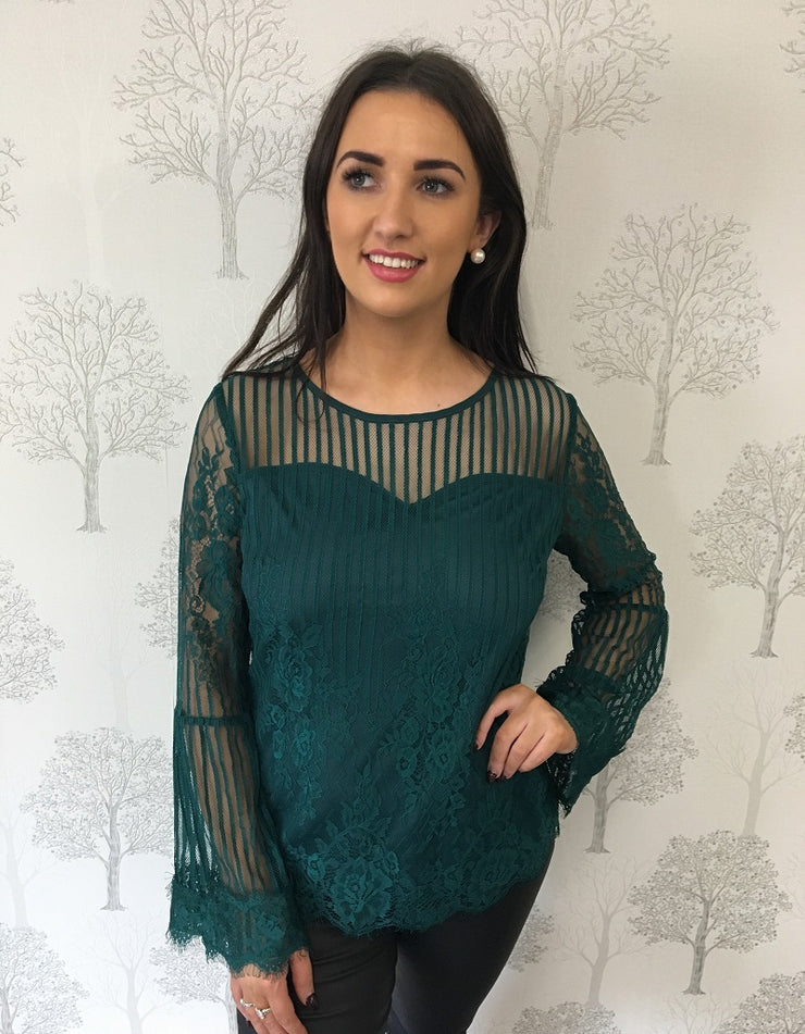 Zoe Teal Lace Blouse With Flared Sleeves