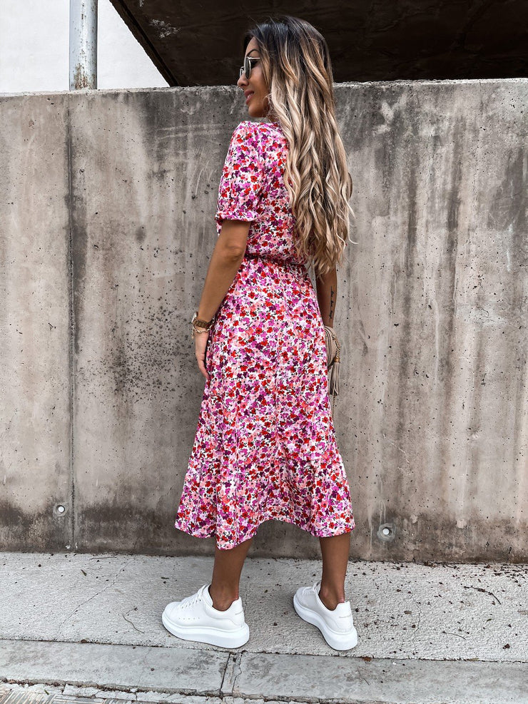 Tanya Pink Multi Floral Print Button Midi Dress