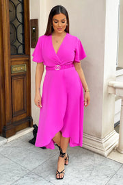 Danni Pink Short Sleeve Belted Midi Dress