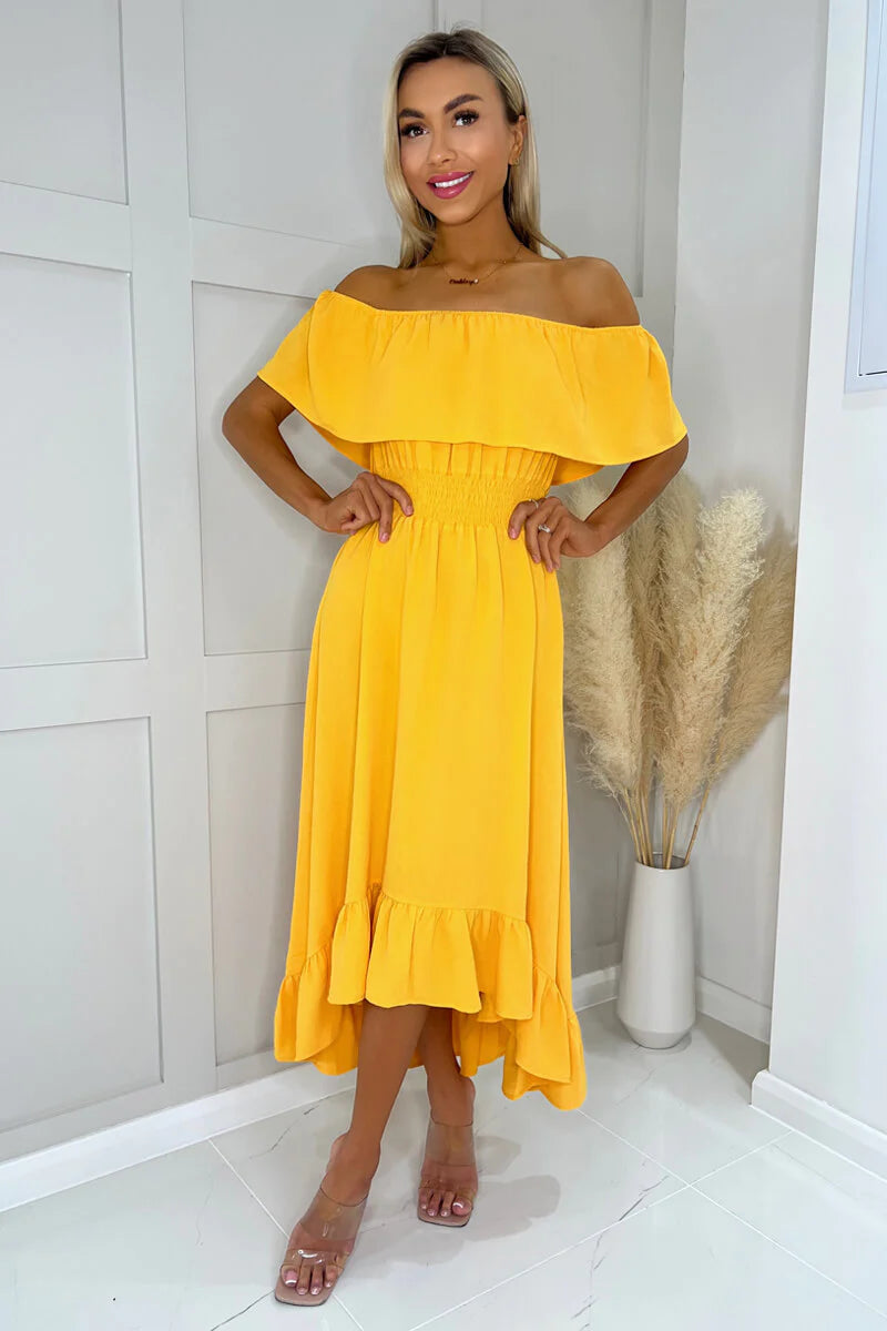 Ola Yellow Bardot Style Midi Dress Ola Yellow Bardot Style Midi Dress