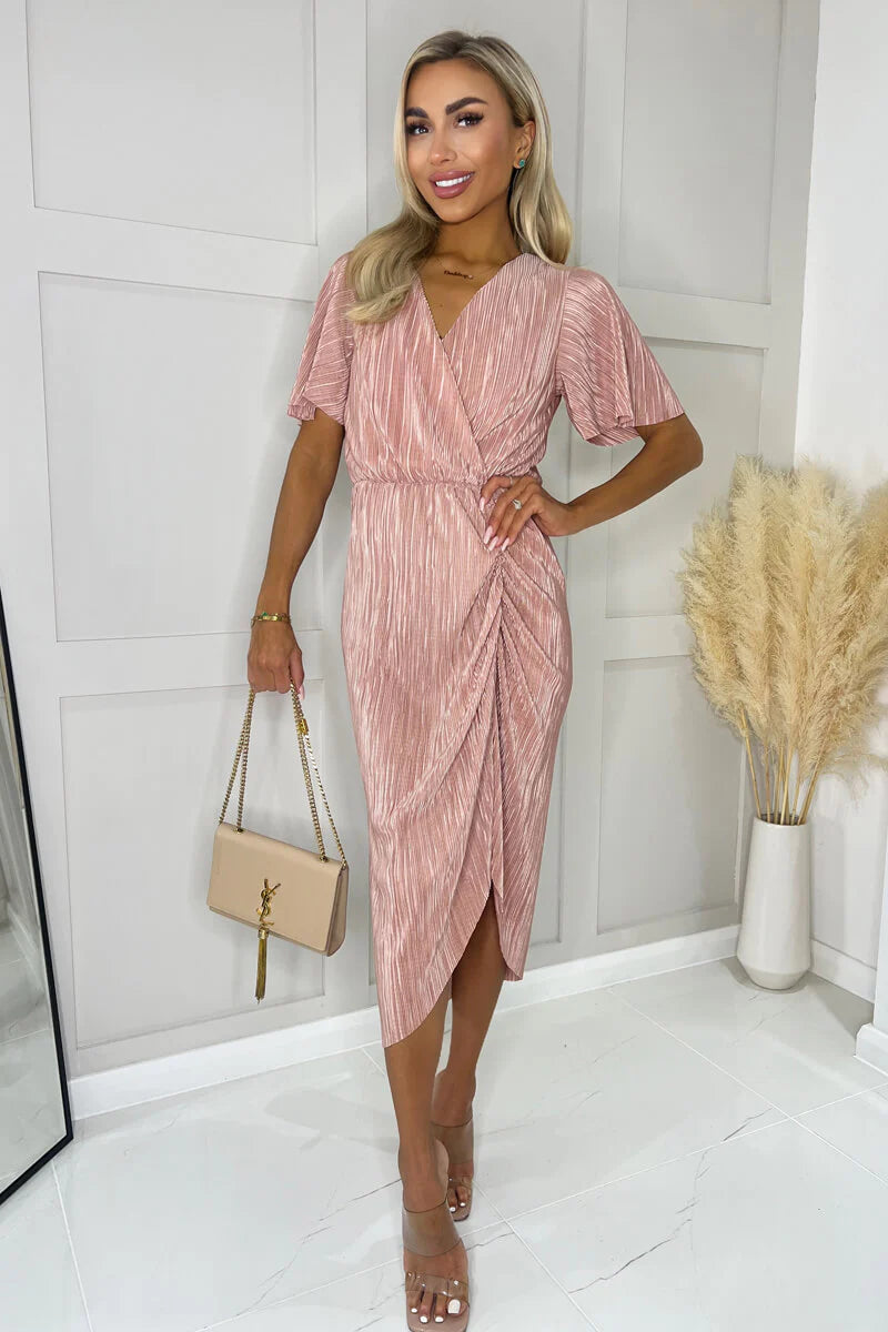 champagne plisse dress Champagne Metallic Plisse Wrap Front Fit & Flare Dress