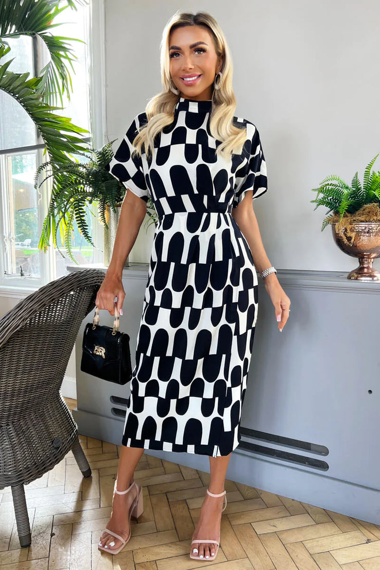 Ella Black and Cream Abstract Print High Neck Midi Dress - Koko Rose Boutique Ella Black and Cream Abstract Print High Neck Midi Dress - Koko Rose Boutique