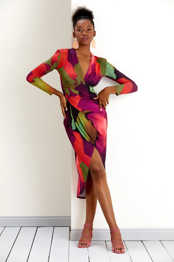 Laurie Multi Tie Dye Print Long Sleeve Wrap Style Dress