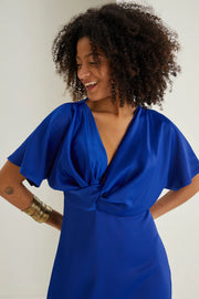 Farra Cobalt Blue Twist Detail Satin Midi Dress
