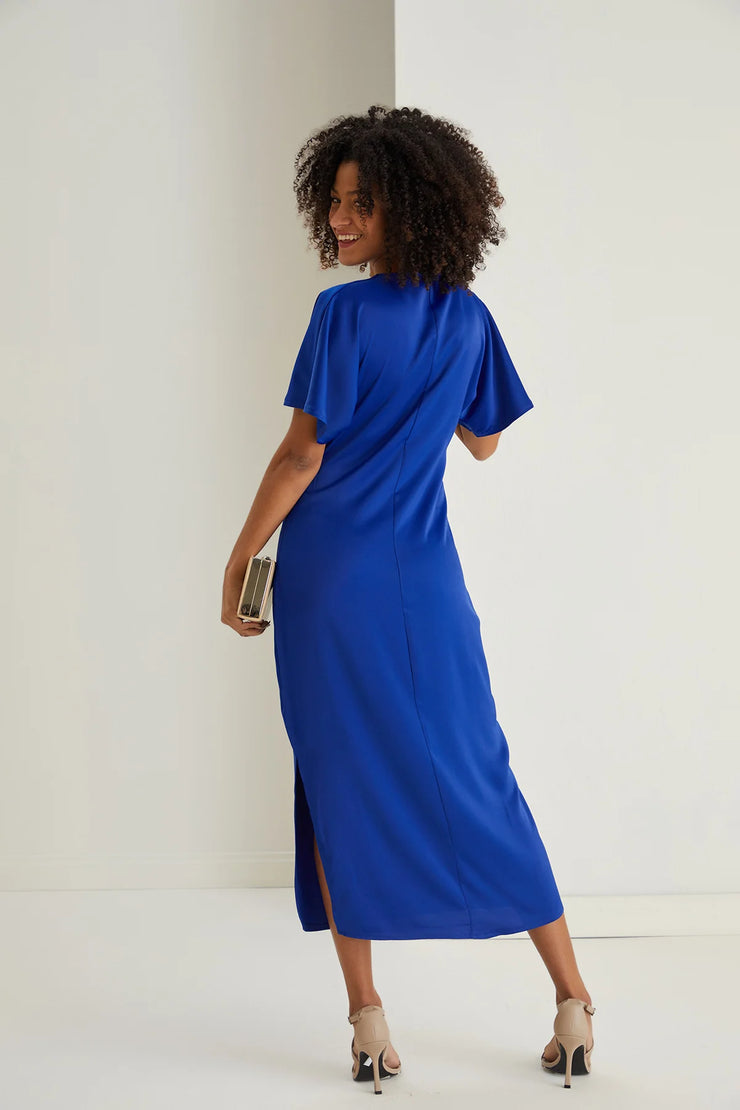 Farra Cobalt Blue Twist Detail Satin Midi Dress