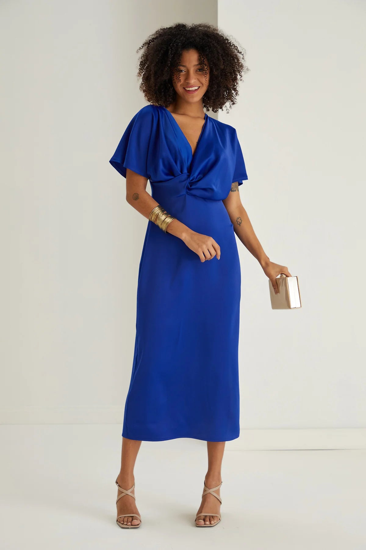 Farra Cobalt Blue Twist Detail Satin Midi Dress Koko Rose Boutique