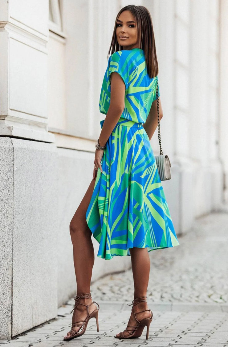 Zoey Green Abstract Print Belted Midi Dress