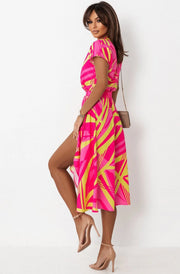 Zoey Pink Abstract Print Belted Midi Dress
