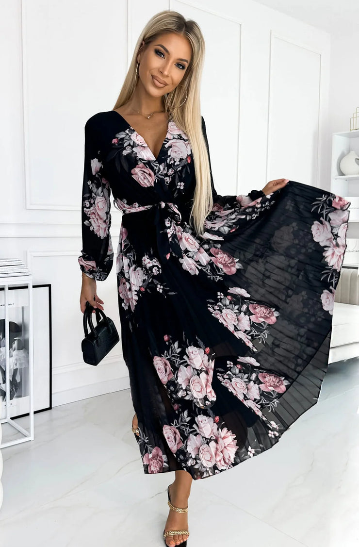 Kora Black Floral Chiffon Pleated Midi Dress