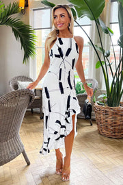Roisa White and Black Print Frill Midi Dress