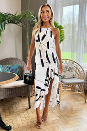 Roisa White and Black Print Frill Midi Dress