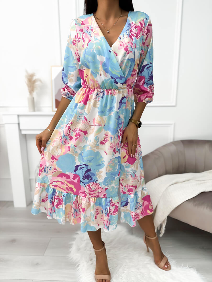 Lillie Blue Floral Wrap Top Style Midi Dress