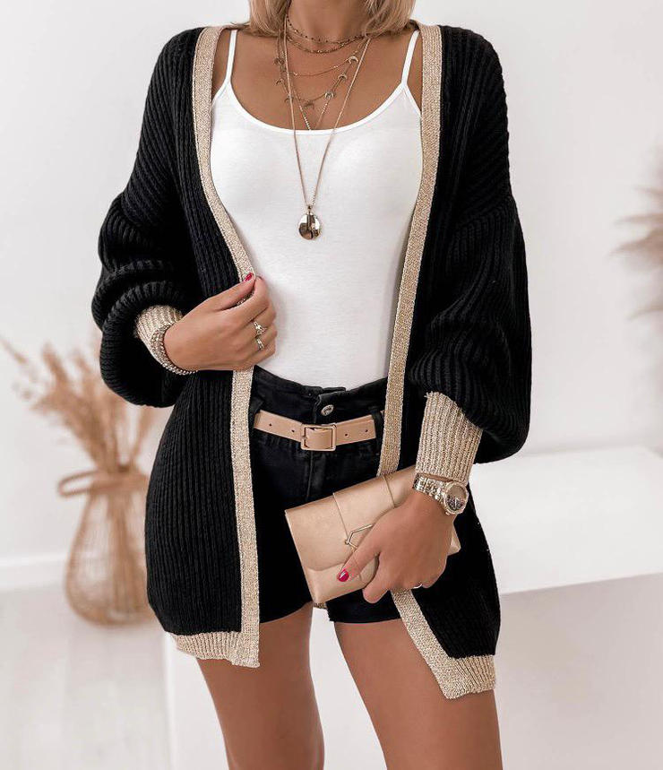 Freya Black Knitted Cardigan with Gold Shimmer Detail