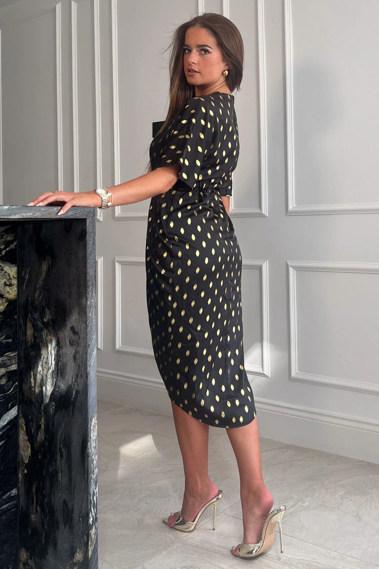 black dress with gold foil print Gold Foil Paisley Mini Dress