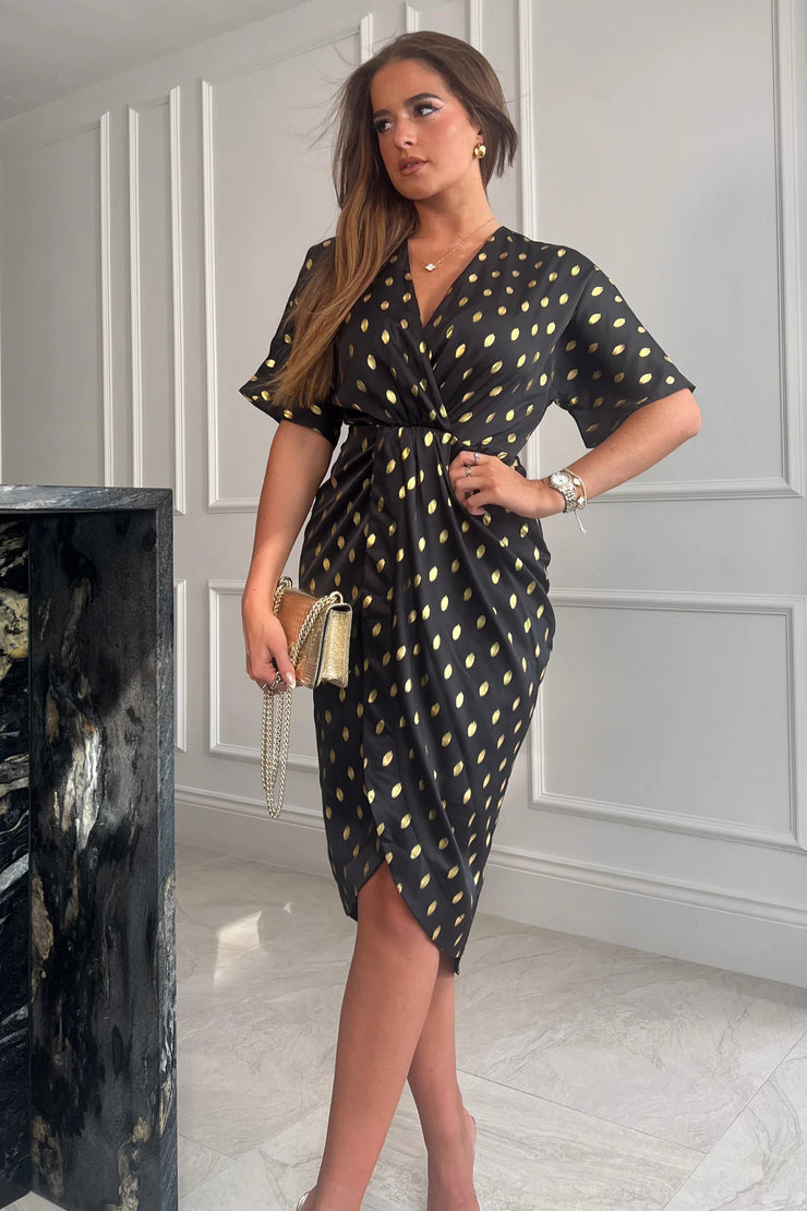 Jody Black and Gold Foil Printed Wrap Style Dress