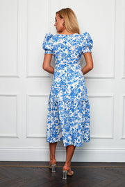 Corey Blue Floral Print Wrap Style Tiered Midi Dress