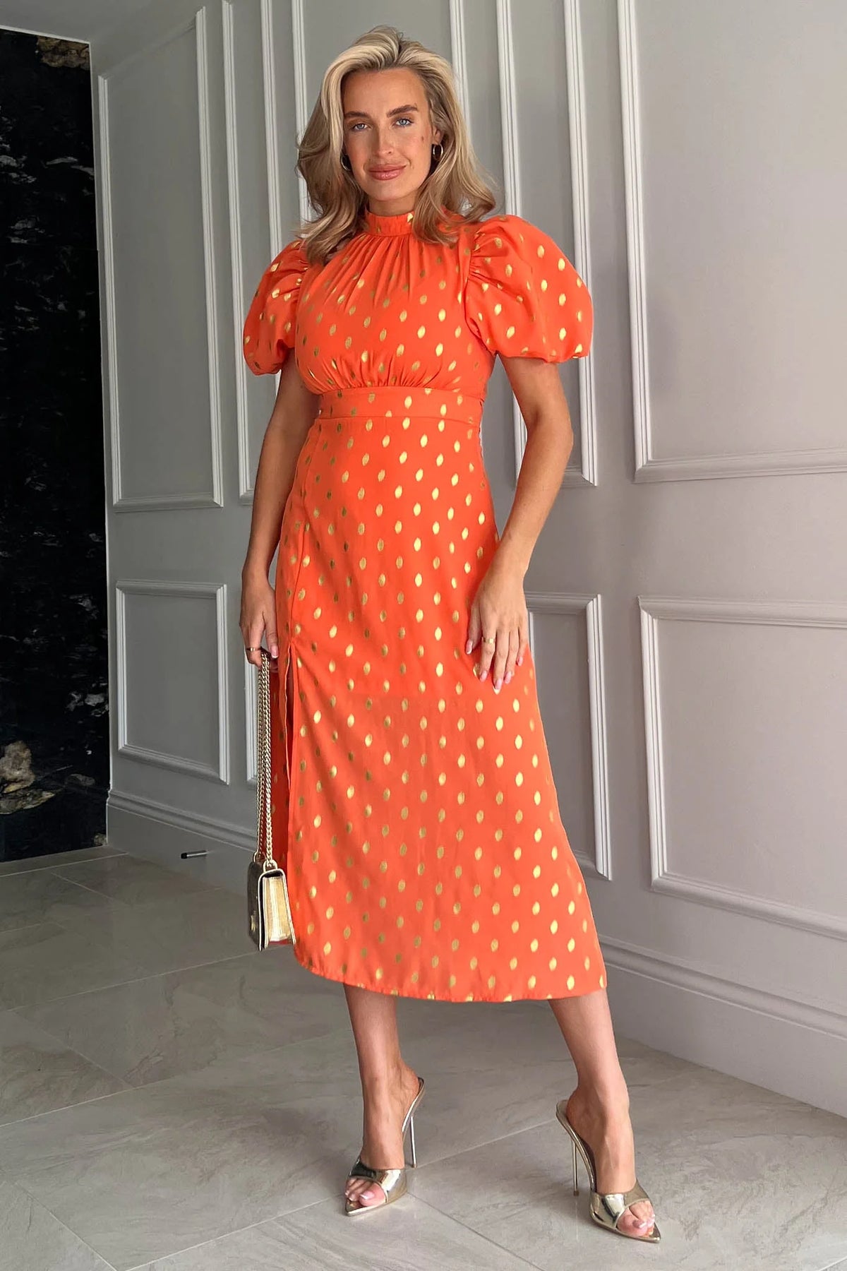 Lilly Orange Gold Foil Print Puff Sleeve Midi Dress - Koko Rose Boutique Lilly Orange Gold Foil Print Puff Sleeve Midi Dress - Koko Rose Boutique