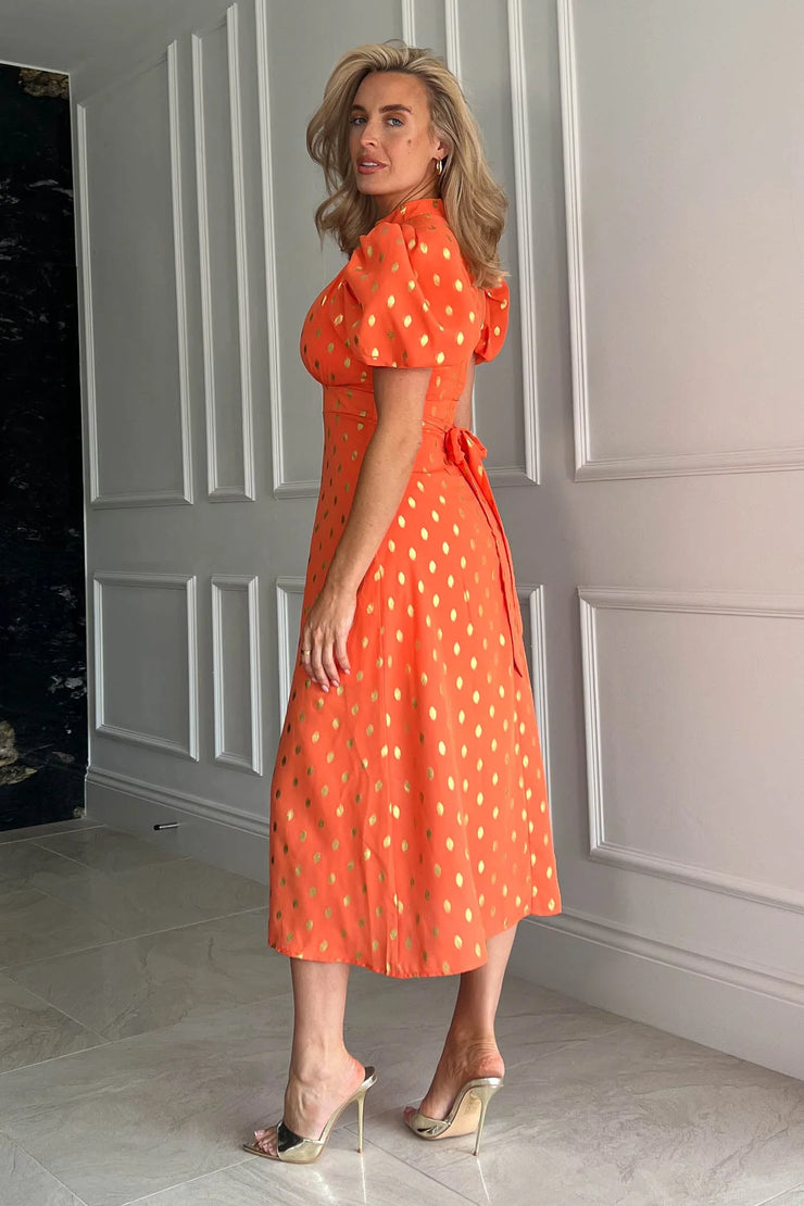 Lilly Orange Gold Foil Print Puff Sleeve Midi Dress