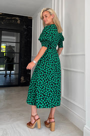 Bernie Green Polka Dot Shirred Cuff Midi Dress