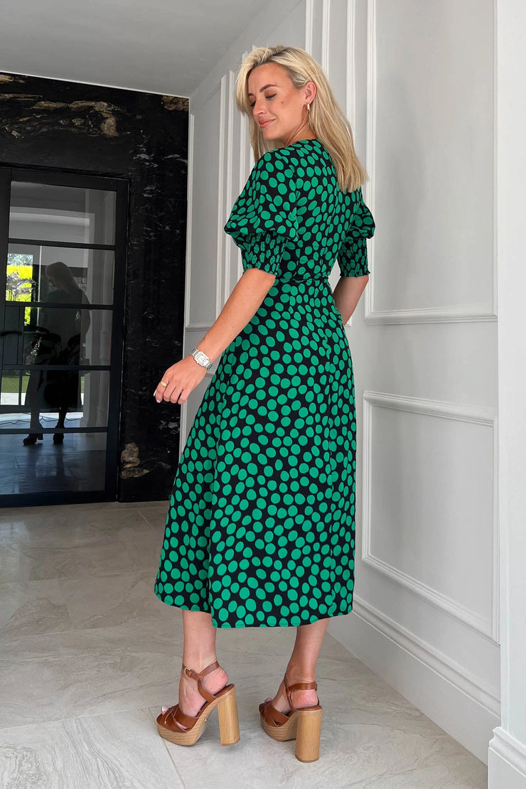 Bernie Green Polka Dot Shirred Cuff Midi Dress - Koko Rose Boutique Bernie Green Polka Dot Shirred Cuff Midi Dress - Koko Rose Boutique