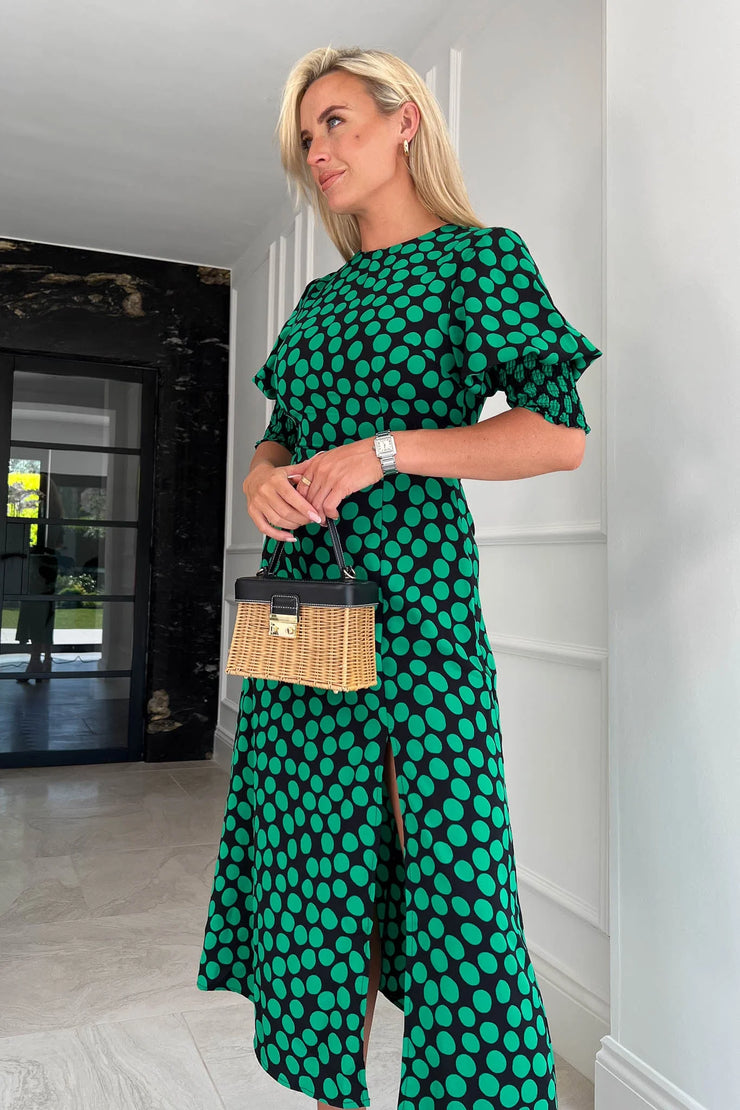 Bernie Green Polka Dot Shirred Cuff Midi Dress - Koko Rose Boutique Bernie Green Polka Dot Shirred Cuff Midi Dress - Koko Rose Boutique