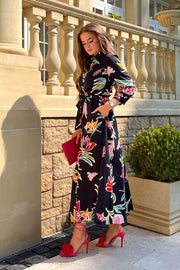 Ana Black Floral Print Belted Shirt Dress