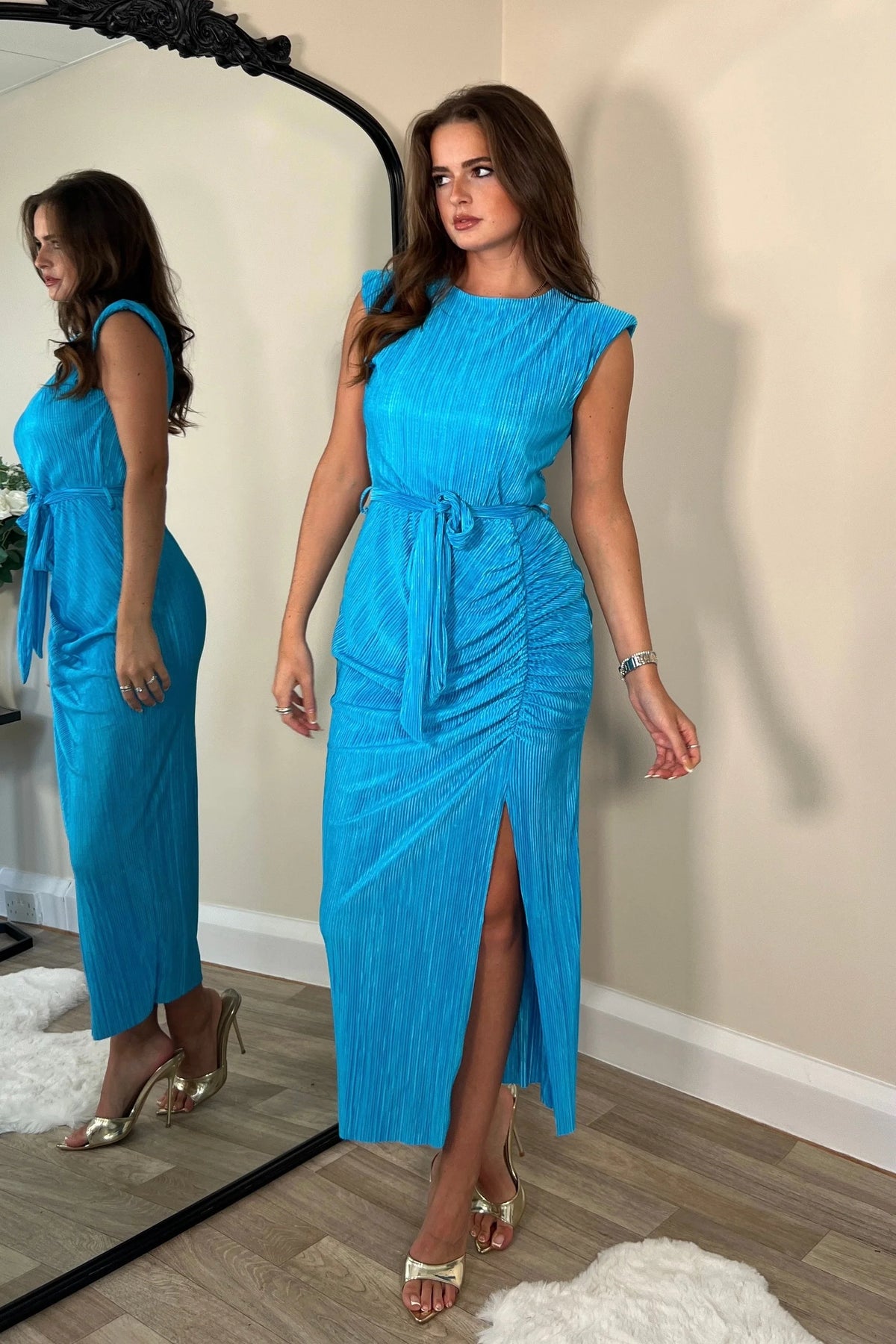 Elena Blue Ruched Seamed Belted Midi Dress Koko Rose Boutique
