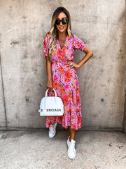 Hallie Pink Multi Floral Button Midi Dress