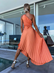 Lori Orange Pleated One Shoulder Dress