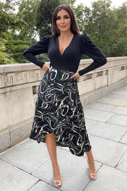 Trinny Black and Green 2 in 1 Style Marble Printed Dress