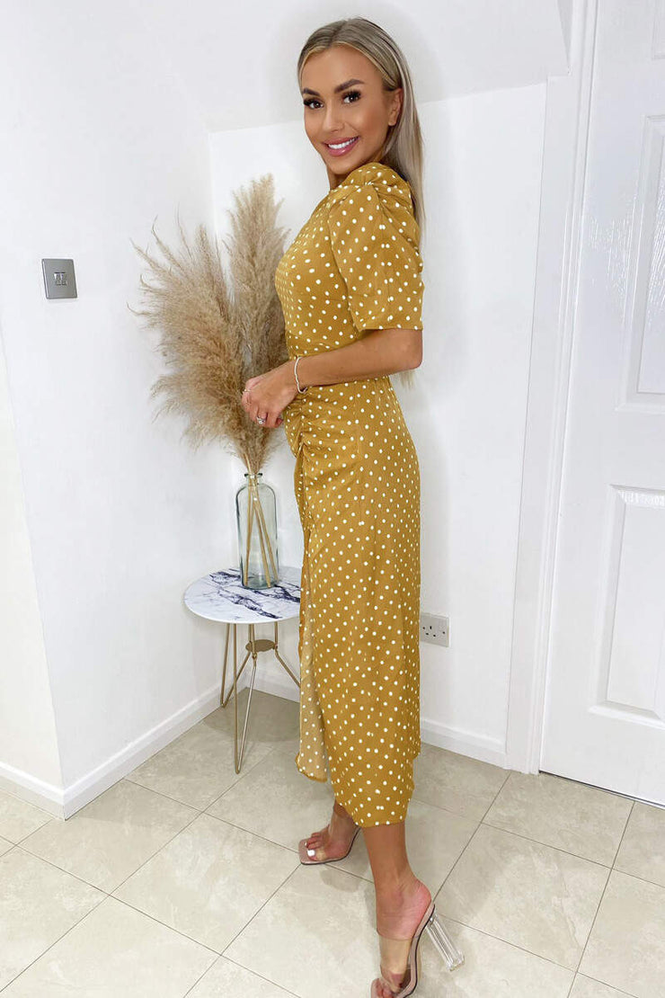 Louisa Mustard Polka Dot Ruched Short Sleeve Midi Dress