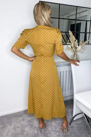 Louisa Mustard Polka Dot Ruched Short Sleeve Midi Dress