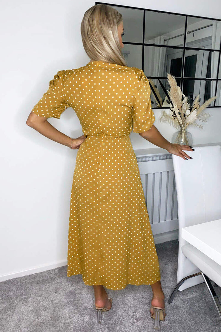 Louisa Mustard Polka Dot Ruched Short Sleeve Midi Dress - Koko Rose Boutique Louisa Mustard Polka Dot Ruched Short Sleeve Midi Dress - Koko Rose Boutique