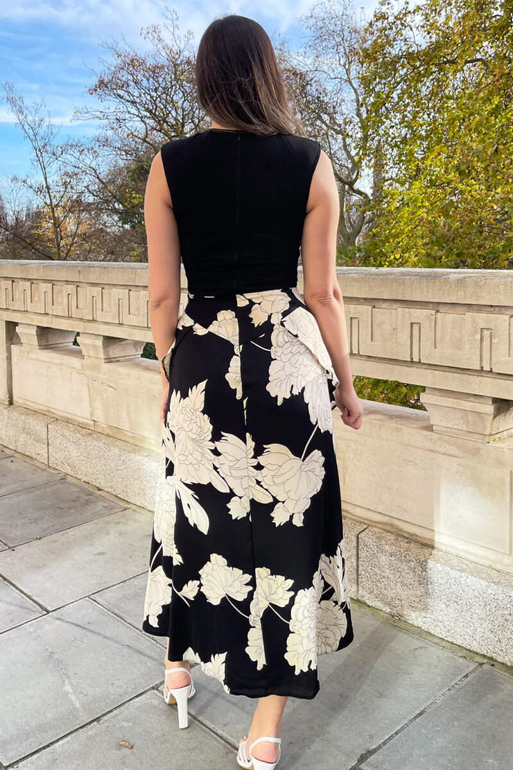 Lucy Black and Cream Floral Print 2 in 1 Midi Dress