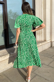 Gretta Green and White Animal Print Midi Dress