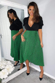 Abbie Green and Black 2 in 1 Wrap Style Midi Dress