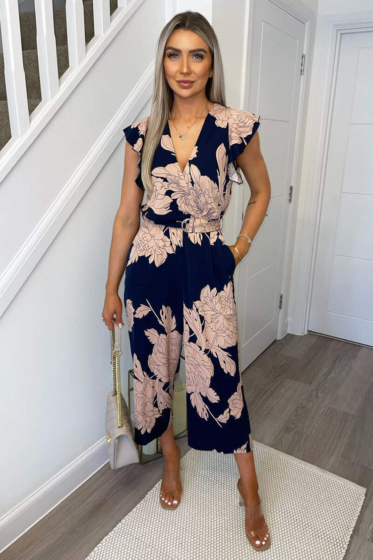 Josie Navy and Blush Floral Belted Jumpsuit