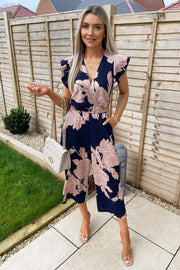 Josie Navy and Blush Floral Belted Jumpsuit