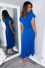 Sorcha Blue Wrap Style Frill Hem Midi Dress