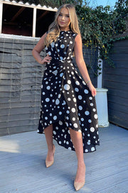 Vera Black and White Polka Dot Gathered Midi Dress