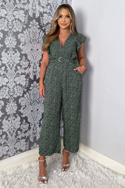 Aisling Green and Black Print Belted Jumpsuit